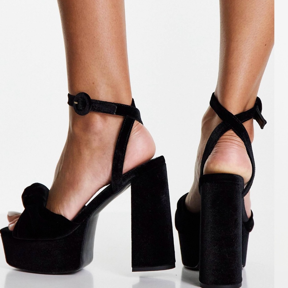 ASOS Design knotted platform heeled sandals in black suede